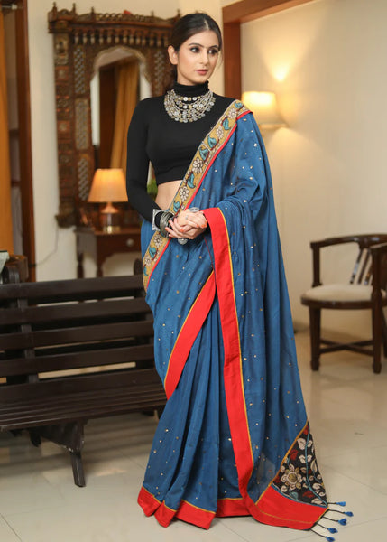 PEACOCK BLUE SAREE WITH KALAMKARI PALLU AND GOLDEN EMBELLISHMENT