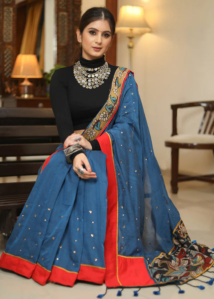 PEACOCK BLUE SAREE WITH KALAMKARI PALLU AND GOLDEN EMBELLISHMENT