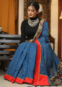 PEACOCK BLUE SAREE WITH KALAMKARI PALLU AND GOLDEN EMBELLISHMENT