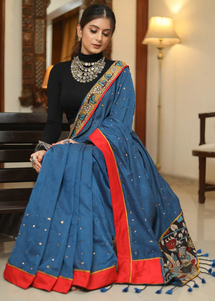 PEACOCK BLUE SAREE WITH KALAMKARI PALLU AND GOLDEN EMBELLISHMENT