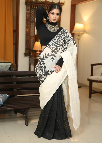 BLACK COTTON DHAKAI JAMDANI HAND PAINTED SAREE
