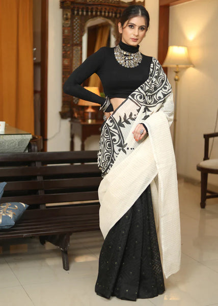 BLACK COTTON DHAKAI JAMDANI HAND PAINTED SAREE