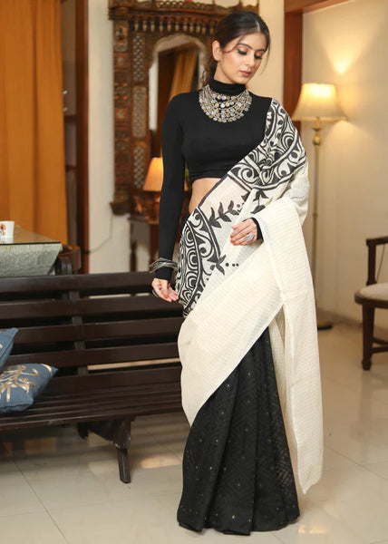 BLACK COTTON DHAKAI JAMDANI HAND PAINTED SAREE