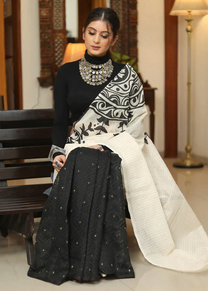 BLACK COTTON DHAKAI JAMDANI HAND PAINTED SAREE