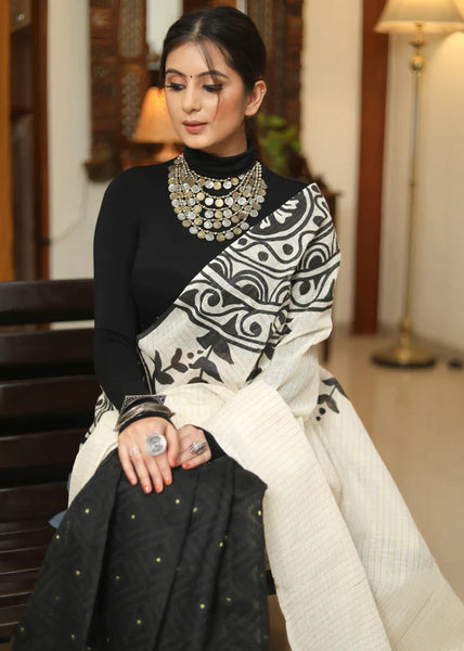 BLACK COTTON DHAKAI JAMDANI HAND PAINTED SAREE