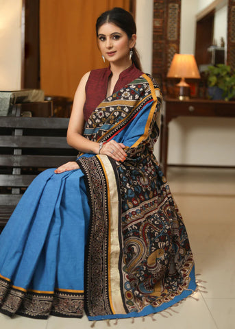 BLUE COTTON SAREE WITH ETHNIC MADHUBANI PAINTED PALLU AND AJRAKH BORDER