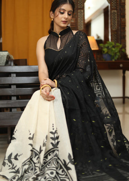 DHAKAI HAND PAINTED BLACK COTTON SAREE