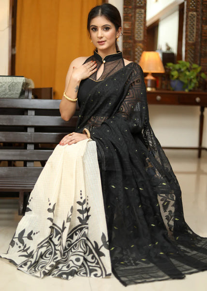 DHAKAI HAND PAINTED BLACK COTTON SAREE