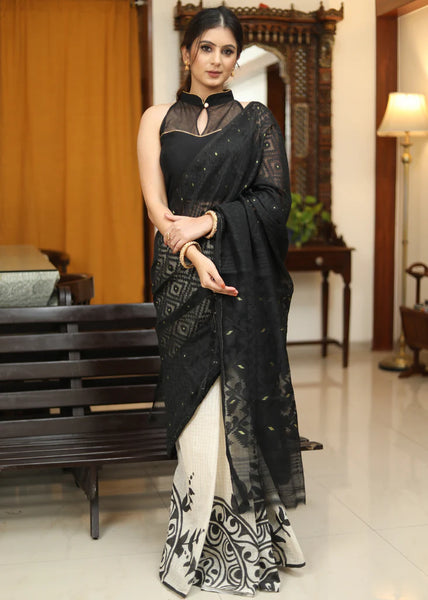 DHAKAI HAND PAINTED BLACK COTTON SAREE