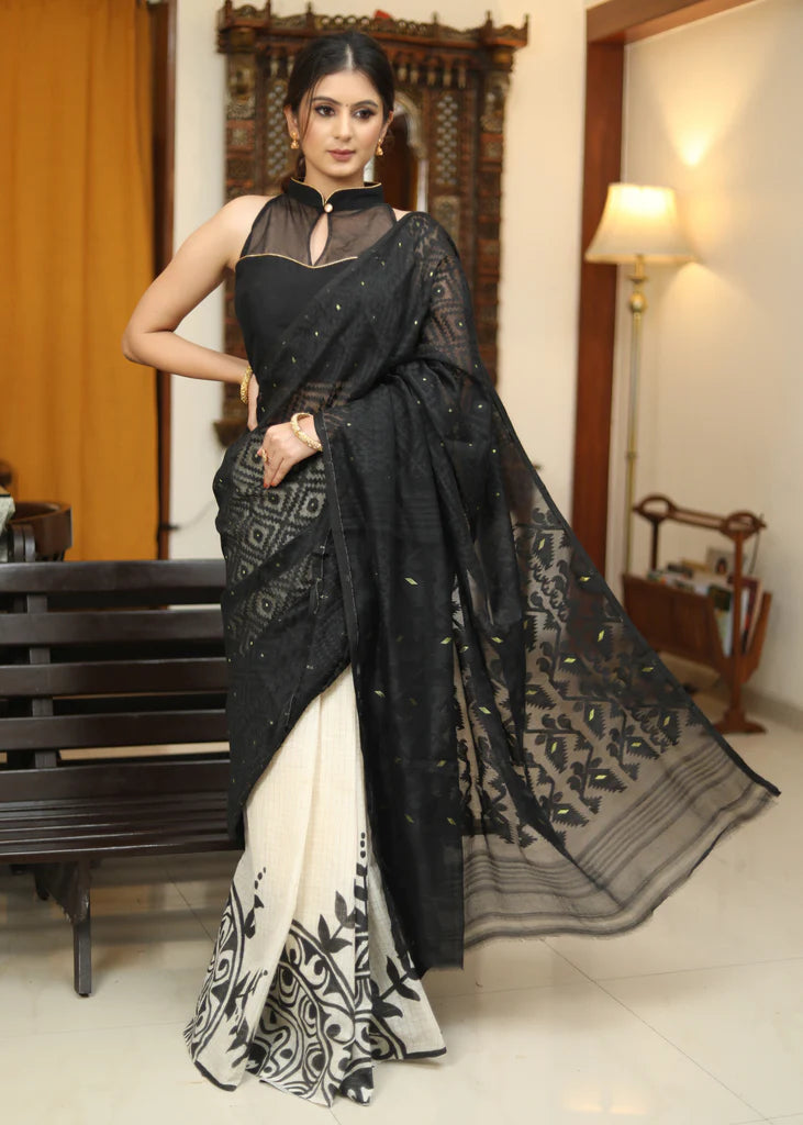 DHAKAI HAND PAINTED BLACK COTTON SAREE