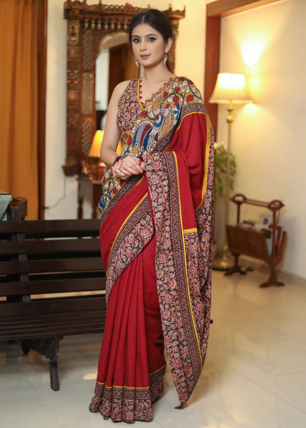 MAROON COTTON SAREE WITH MADHUBANI PAINTING BORDER AND KALAMKARI PRINT PALLU