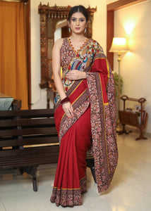 MAROON COTTON SAREE WITH MADHUBANI PAINTING BORDER AND KALAMKARI PRINT PALLU