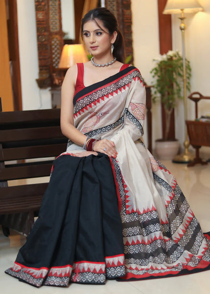 BLACK CHANDERI SAREE WITH ELEGANT HAND PAINTED PALLU AND BORDER