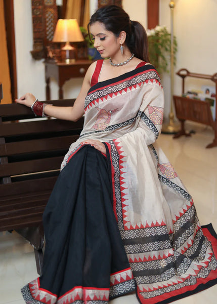 BLACK CHANDERI SAREE WITH ELEGANT HAND PAINTED PALLU AND BORDER
