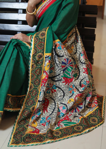 GREEN COTTON SAREE WITH BEAUTIFUL MADHUBANI PAINTED PALLU AND AJRAKH BORDER