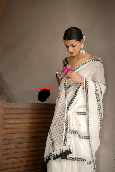 Black and White Woven Handloom Cotton Saree