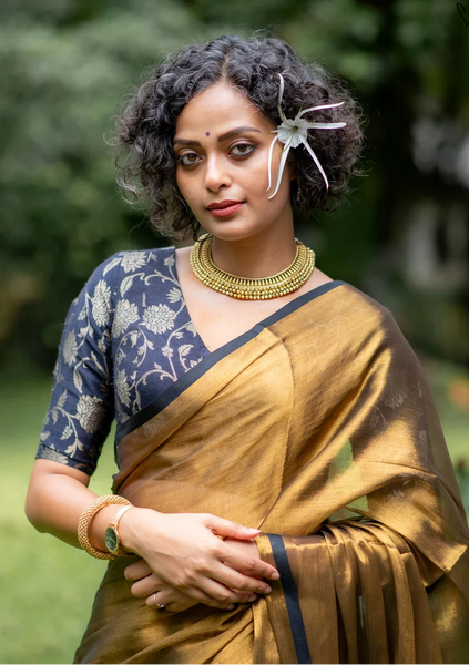 Gold Tissue Silk Saree with Black Piping