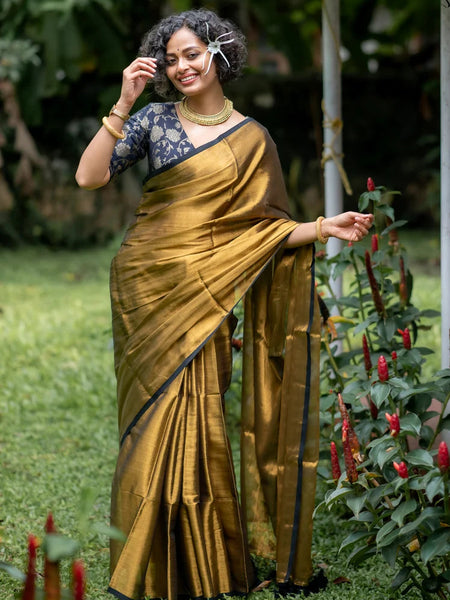 Gold Tissue Silk Saree with Black Piping