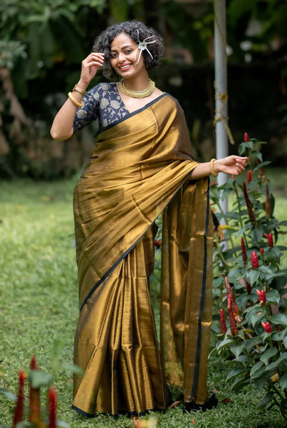 Gold Tissue Silk Saree with Black Piping