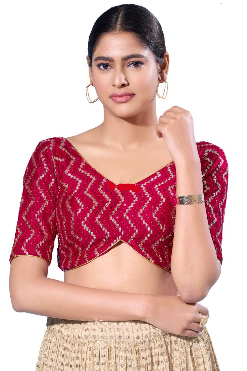 Readymade Silk Padded Back Open Elbow Sleeves Saree Blouse