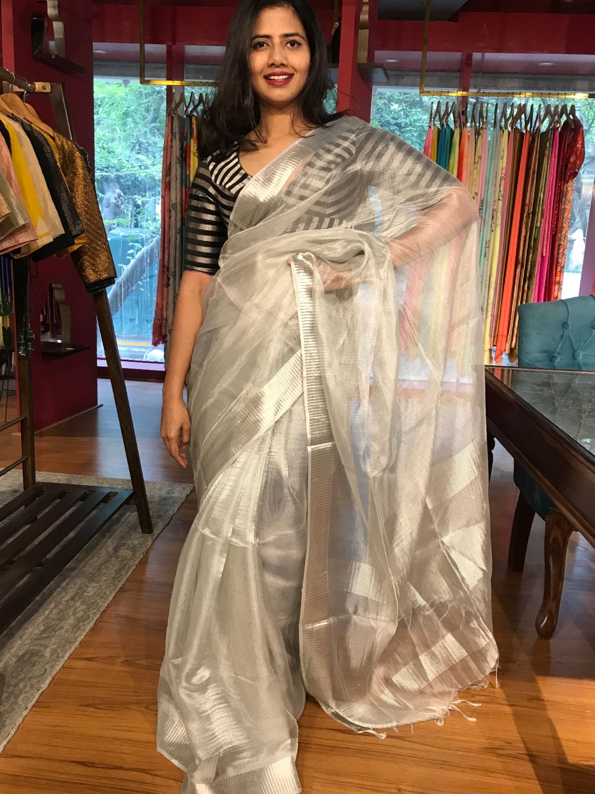 Handwoven Grey Silver Tissue Linen Saree with Silver Border and Tassels on Aachal