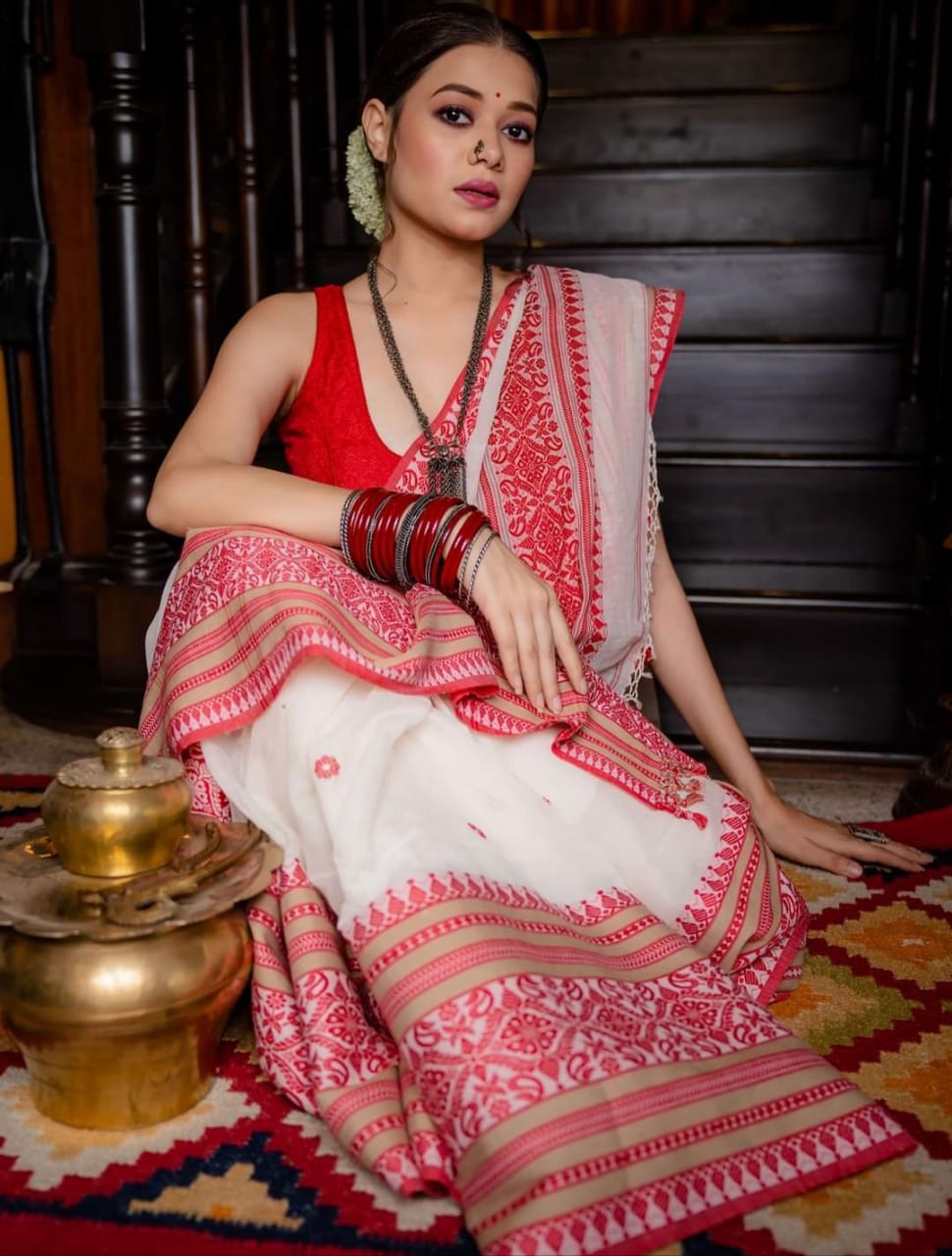 Pure Handwoven Red and White Cotton Khaddi with Handwoven Embroidered Border