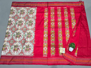 Pure Pochampally Double Weaving Ikat Silk Patola White Red Saree