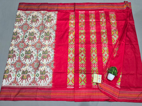 Pure Pochampally Double Weaving Ikat Silk Patola White Red Saree