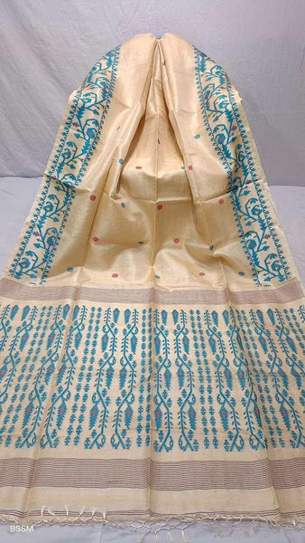 Aqua Sky Blue Handwoven Pure Tussar Silk Jamdani Saree