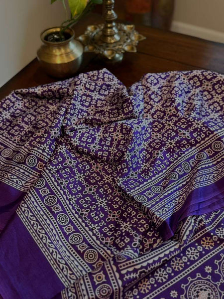 Purple Print Mixed Silk Saree with stitched blouse