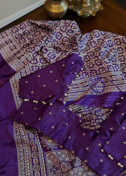 Purple Print Mixed Silk Saree with stitched blouse