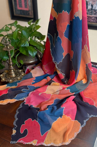 Multicolor Abstract Georgette Silk Saree