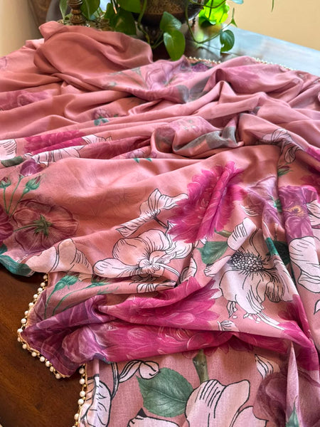 Lavender Pink Floral Georgette Silk Saree with Pearl Work