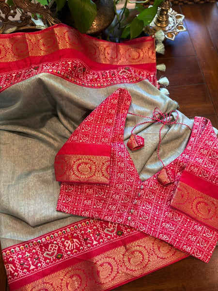 Mint Green and Hot Pink Patola print matka tussar silk cotton fabric with embossed design