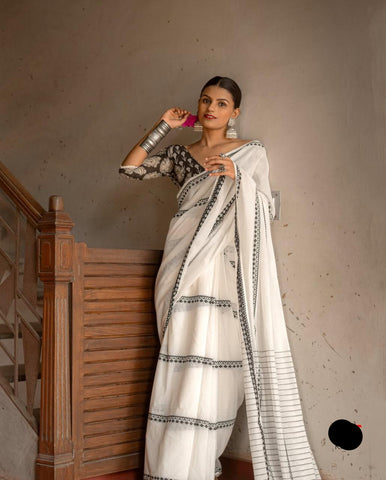 Black and White Woven Handloom Cotton Saree