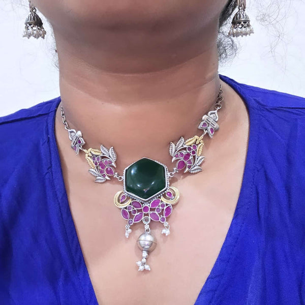 Anchal silver alike necklace set with Earrings