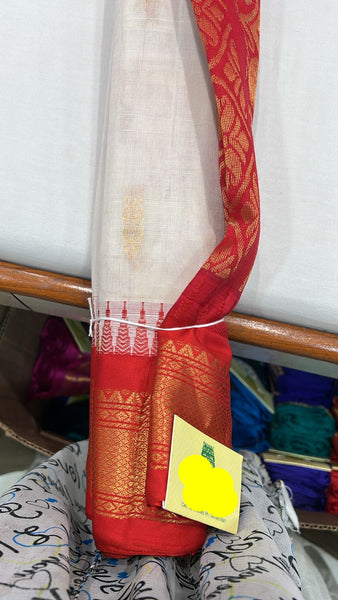 White and Red Cotton Gadwal Saree