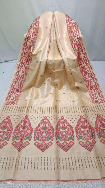 Reddish Maroon Handwoven Pure Tussar Silk Jamdani Saree