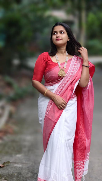 Red & White Begampuri Cotton Handloom Saree