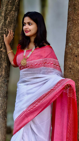 Red & White Begampuri Cotton Handloom Saree