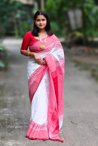 Red & White Begampuri Cotton Handloom Saree