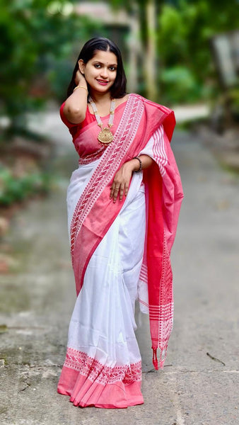 Red & White Begampuri Cotton Handloom Saree