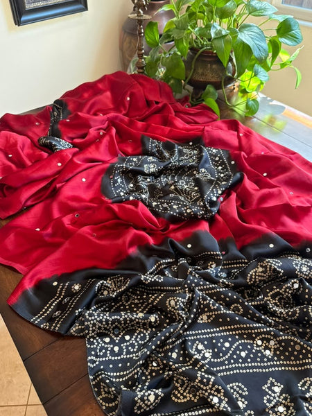 Deep Maroon and Black Satin Silk Bandhani Saree