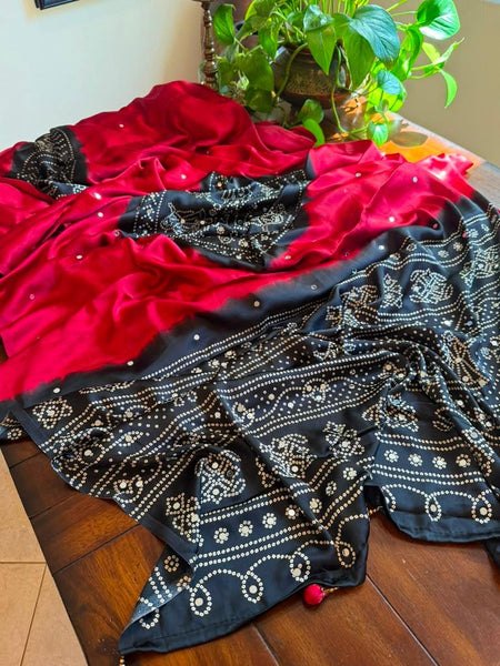 Deep Maroon and Black Satin Silk Bandhani Saree