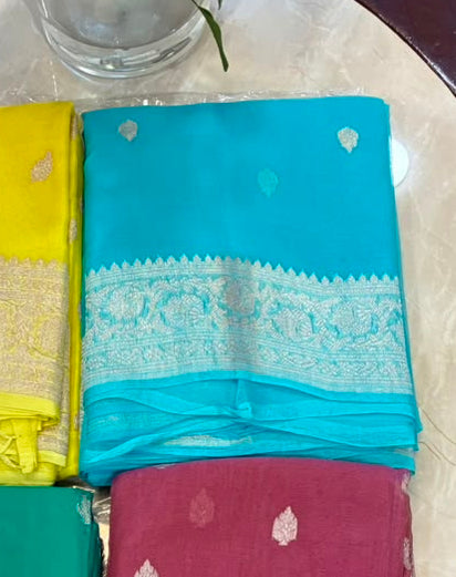 Pure SkyBlue and Silver Handwoven Khaddi Banarasi Chiffon Georgette Saree