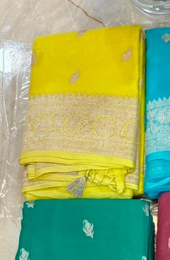 Pure Yellow Handwoven Khaddi Chiffon Georgette with Pure Silver Zari