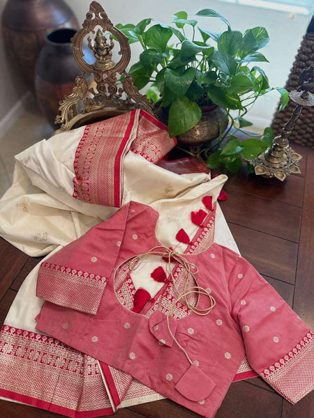 Off White and Red Soft Silk Saree with Readmade Blouse