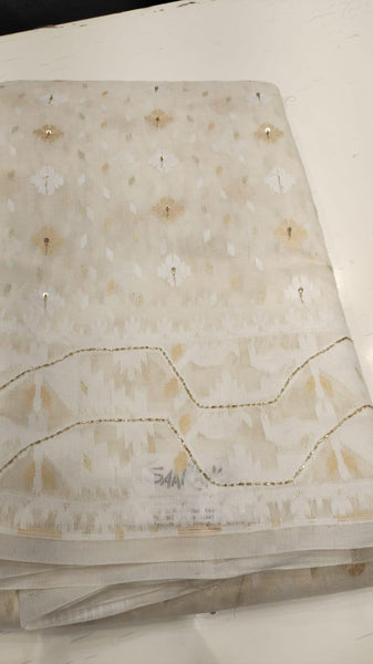 Off White and White Jamdani Saree: Soft Cotton Muslin, Handloom Woven with Cutdana work