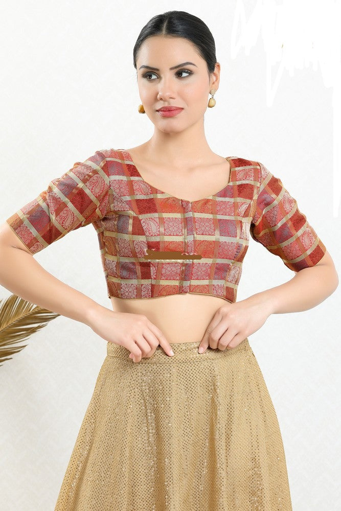 Readymade Women’s Brocade Padded Front Open Elbow Sleeves Maroon Saree Blouse