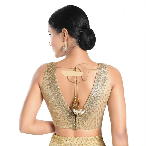 Readymade Jain Silk Padded Back Open Sleeveless Gold Saree Blouse